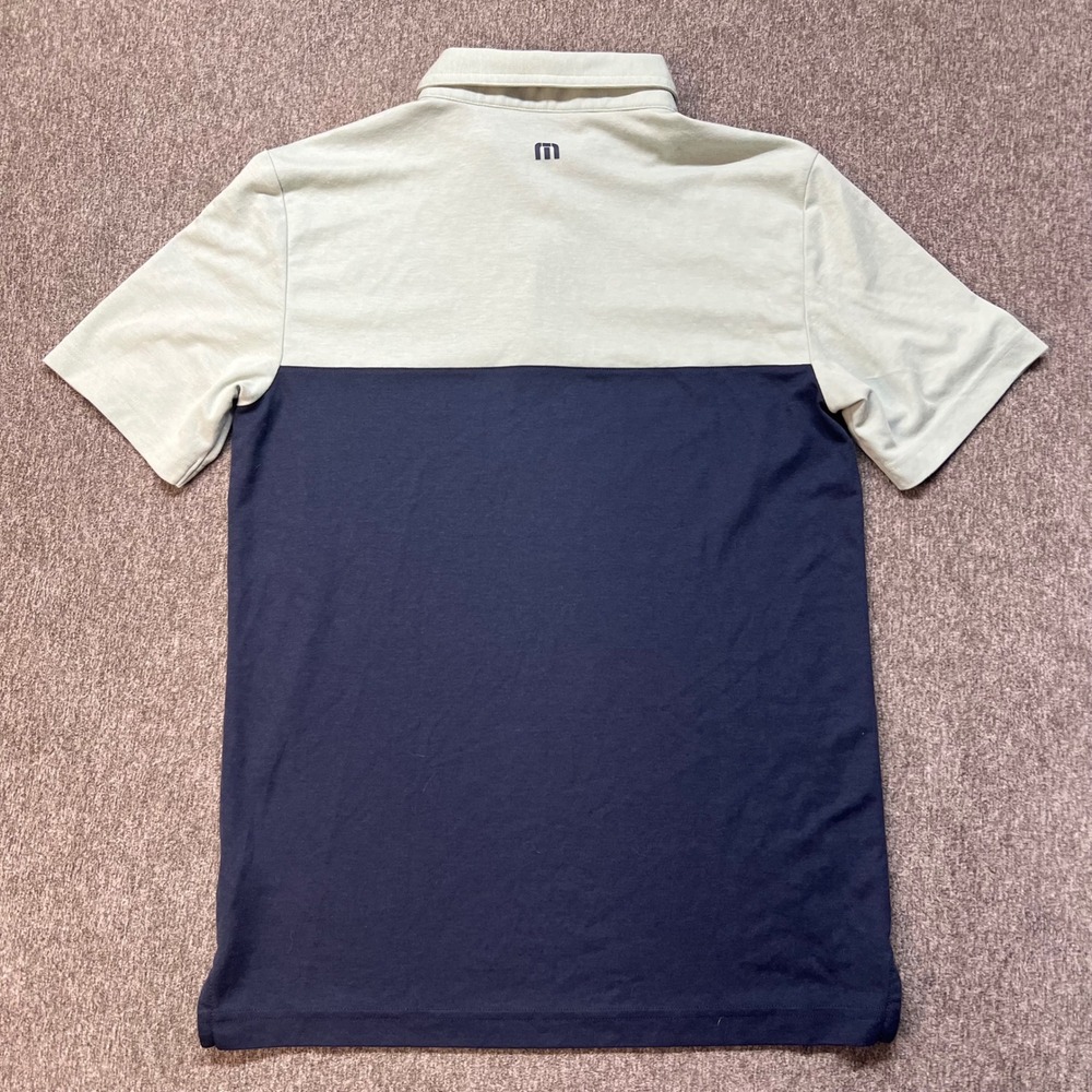 TravisMathew Mens Colorblock Polo Shirt Navy Green Geometric Chest Stripe Small - Picture 7 of 8